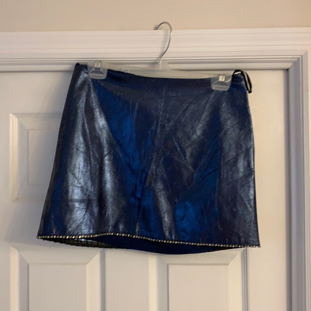 A short royal blue leather skirt.